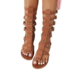Sandalias Gladiador de Tiras Múltiples hasta la Rodilla, Punta Abierta, Planas, para Uso Diario en Verano - Product Image 6