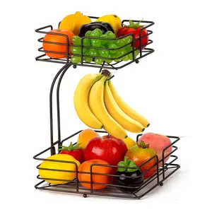Square Iron 2-Tier bancada frutas legumes cesta tigela armazenamento com cabide banana