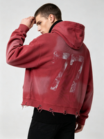 Sweat à capuche vintage pour homme, effet vieilli, ourlet effiloché, imprimé craquelé, lettres en strass