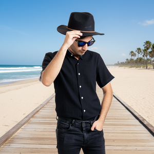 เสื้อเชิ้ตผ้าลินินสีดำทรงเข้ารูป คอจีน แขนสั้น สำหรับฤดูร้อน - Product Image 3