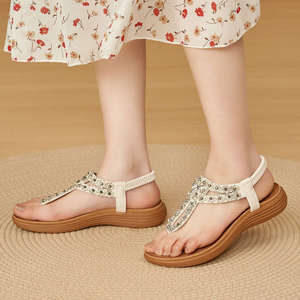 Sandalias Planas Casuales de Verano para Mujer, Elegantes y Cómodas, Zapatos de Exterior para Dama con Correa Elástica de Cuentas <span class=keywords><strong>en</strong></span> el Tobillo - Product Image 1
