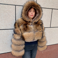 Manteau court en vraie fourrure de raton laveur pour femme, à capuche, taille haute, avec chapeau, vente en gros