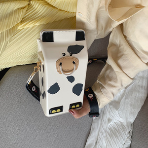 wholesale trendy cartoon cute cow print milk box shape crossbody girls ladies designers hand bag - Product Image 3