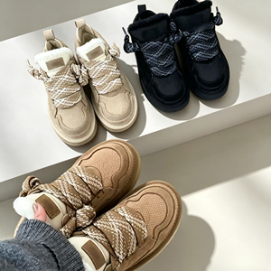 Zapatillas de invierno para mujer, con parte superior de ante, cordones gruesos tejidos, forro polar, suela de plataforma gruesa, calzado informal al por mayor - Product Image 1