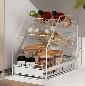 Étagère de rangement de cuisine à trois niveaux en métal <span class=keywords><strong>blanc</strong></span>, organisateur de comptoir avec tiroirs coulissants, support de rangement pour bouteilles d'assaisonnement en verre - Product Image 2