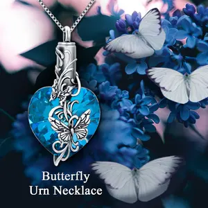 Kadın gümüş kelebek Charm Urn kolye külleri için kristal kremasyon takı hediye