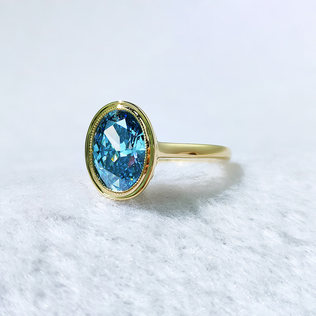 Luxury 18K Solid Gold 3CT Oval Cut Lab Created Blue Diamond IGI Certified Trendy Ring for Women