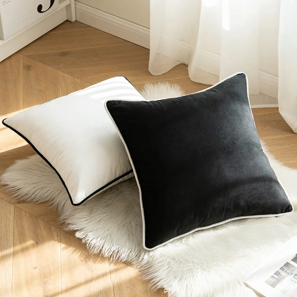 Capa de almofada de veludo macio de alta qualidade com tubulação decorativa personalizada para travesseiros e almofadas de luxo