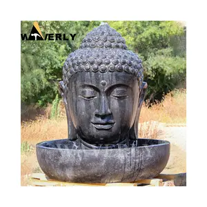 Dekorasi taman luar ruangan Fengshui batu Granit air mancur patung kepala Buddha marmer hitam
