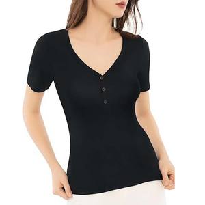 Chemise Henry pour femmes, manches courtes, coupe ajustée, décontractée, col en V, respirante, tricotée, vêtements de mode d'été - Product Image 5
