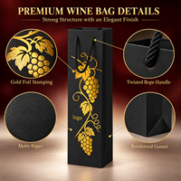 Sacs cadeaux noirs en gros pour vin, 11 x 9 x 35 cm, avec impression dorée, pour dégustations en vignobles, cadeaux de fêtes et banquets