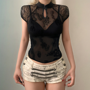 Dark Gothic Punk Style Dragon Print Lace Knitted Mesh Sheer Summer Breathable Chinese <b>Stand</b> Collar Women's Short Sleeve T-Shirt - Product Image 6