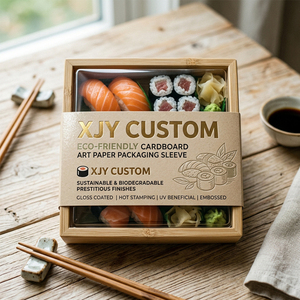 Manchons d'emballage en carton écologique personnalisés XJY, papier artistique, revêtement brillant, estampage à <span class=keywords><strong>chaud</strong></span>, bandeaux UV, gaufrage, <span class=keywords><strong>sushi</strong></span> - Product Image 3