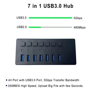 HUB USB3.0 7 ports de haute qualité avec adaptateur secteur 7 en 1 hub usb3.0 avec bande passante de 5Gbps