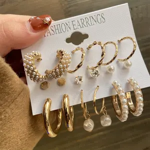 2022 Anting-Anting Mutiara Hoop untuk Wanita Trendi Wanita Kreatif Perancis Retro Telinga Cincin Emas Bohemian Set 6-Piece Perhiasan