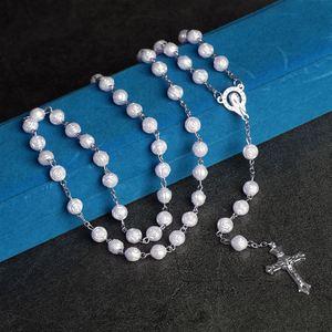 Mecrt Christian Jewelry 8mm Rose <b>Beads</b> Religious Catholic Rosary Enamel Crucifix Pendant Fashion Beaded <b>Necklace</b> - Product Image 1