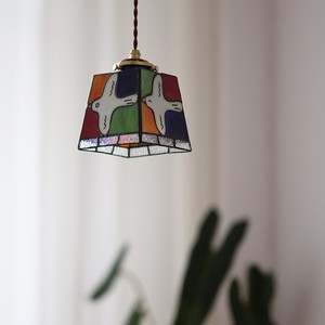 Japanese Retro Style Peace Dove Colored Glass Pendant Light Square E26 LED Single Head Home Decor Lighting - Product Image 2