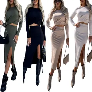 C CLOTHING Women's Casual Suit High Waist Knitted Skirt And Top Custom 2 Piece Set Women