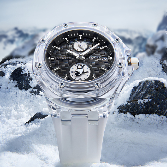 Mark Fairwhale Fashion Chronograph Sport Men Watches Luxury Acrylic Transparent case 3ATM Waterproof Male Quartz Watch FW-5830