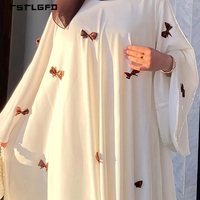 Robe longue décontractée et élégante pour femme, en mousseline de soie blanche pure, avec applique nœud marron, manches chauve-souris et col rond, style abaya modeste musulmane pour l'extérieur