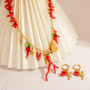 Ensemble collier et boucles d'oreilles en acier inoxydable, forme de branche de corail rouge, bijoux de fête tendance - Product Image 1