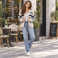 Cardigan rayé pour femme, col en V, boutonné, tricot oversize, style preppy décontracté, manches longues, personnalisable OEM ODM