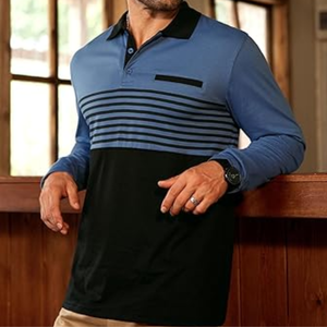 Men's Long Sleeve Color Blocked <b>Polo</b> <b>Shirt</b> Striped Design Casual Knitted Style with Pocket <b>Blue</b> and Black - Product Image 3
