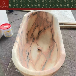 Baignoire ovale autoportante en marbre rose tabac GOLDKING Boutique Hotel <span class=keywords><strong>Spa</strong></span>, veines de charbon, bord asymétrique, sur mesure, OEM - Product Image 4