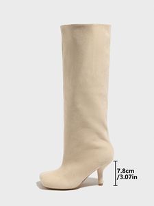 Botas Altas hasta la Rodilla con Tacón de Aguja y Punta Cuadrada para Mujer, Botas Largas de Ante Color Albaricoque para Pantorrillas Anchas, Zapatos Holgados para Mujer - Product Image 6