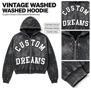 Felpa con cappuccio lavata e usata con cerniera, adesivi a lettere termosaldati, giacca con cappuccio personalizzata con strass, felpa personalizzata - Product Image 1