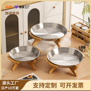 Plateau en acier inoxydable avec support en bambou, plateau de service rond multifonctionnel pour fruits de mer, fruits, utilisation en cuisine - Product Image 5