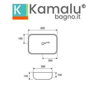Lavabo de encimera Kamalu de 60cm, diseño rectangular redondeado en negro mate, de la marca Kamalu - Product Image 4