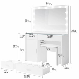 Nouvelle conception de coiffeuse en <span class=keywords><strong>bois</strong></span> avec plateau en verre, ensemble de tables de maquillage blanches, coiffeuse avec miroir à lumière LED - Product Image 3