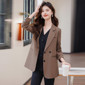 Women's Beige Blazer Slim Fit Anti-Wrinkle Solid Color Polyester Suit Jacket For Commuting Work Wear - Product Image 2