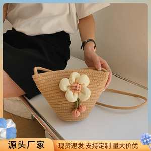 New summer cotton knit mini bucket <b>bag</b>, fashionable floral shoulder <b>bag</b>, crossbody <b>bag</b>, beach vacation <b>straw</b> <b>bag</b>. - Product Image 5