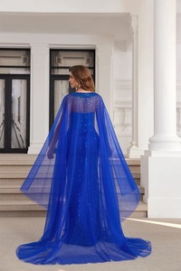2025 <strong>Blue</strong> Luxury Dubai Beaded Lace Cape Sleeves Mermaid Evening Gown for Women Wedding Party <strong>Dresses</strong> - Product Image 3