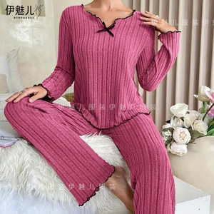 Cross-border European and American solid color autumn and winter pajama set with <b>bow</b>, women's home wear, long sleeves and - Product Image 4