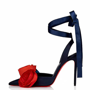 รองเท้าส้นสูงแบบผูกเชือกประดับดอกไม้หลากสีสัน ดีไซน์ใหม่สำหรับผู้หญิง ทำจากผ้าไหม ส้นเข็ม สายรัดข้อเท้า - Product Image 2