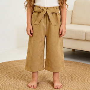 Celana Panjang Anak Perempuan Warna Khaki Model Kaki Lebar Bahan Corduroy dengan Sabuk Produsen Cina Grosir Celana Jogging Anak Katun - Product Image 1