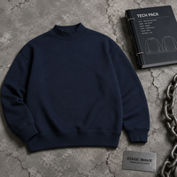 Sweat-shirt col rond bleu marine avec bordure côtelée, pull uni, haut streetwear, vente en gros, commande en gros, vêtements décontractés pour hommes