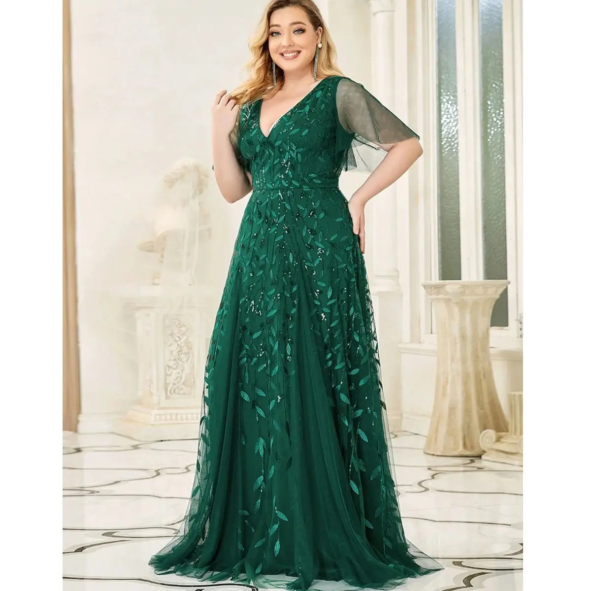 Plus Size Evening Dresses Long A-line V-neck Half Sleeves Floor-length Gown 2023 Ever Pretty Of Dark Green Prom Women Dress