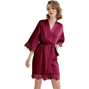 Bata de seda corta para mujer, estilo kimono, con cuello en V, manga farol, encaje satinado, para dormir, fiesta de bodas, dama de honor - Product Image 1