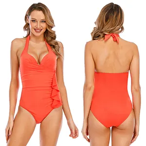 New Arrivals Summer Fashion Red Private Label One Piece Beachwear Bathing Suit Swimwear with Ruffle at side