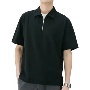 Summer Turn Down Collar Custom Logo Solid Color Loose Half Zip Short Sleeve Polo T- Shirt For Men