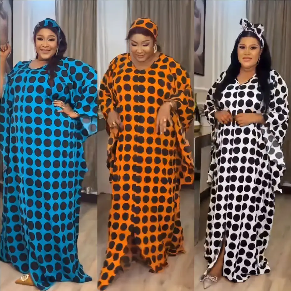2024 African best sellers polka dot loose batwing sleeve plus size islamic clothing Muslim women casual abaya kaftan style robe