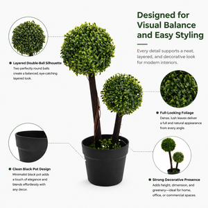 Arbre topiaire artificiel irrégulier en buis à double boule, deux troncs en bois naturel, <span class=keywords><strong>feuillage</strong></span> vert bicolore, mini-<span class=keywords><strong>arbuste</strong></span> en pot - Product Image 3