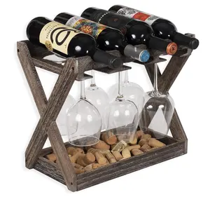 Wooden Rustic 6 Glass Display Rack Bottled Wood Rack Wine With Storage Tray Table Top 4 Bottle Holder Free Standing Floor