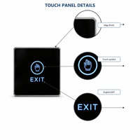 Bouton de sortie tactile 86x86mm avec boîtier arrière, panneau acrylique, sortie NO/NC COM, large plage de tension 12-24VDC, LED bicolore pour déverrouillage de porte