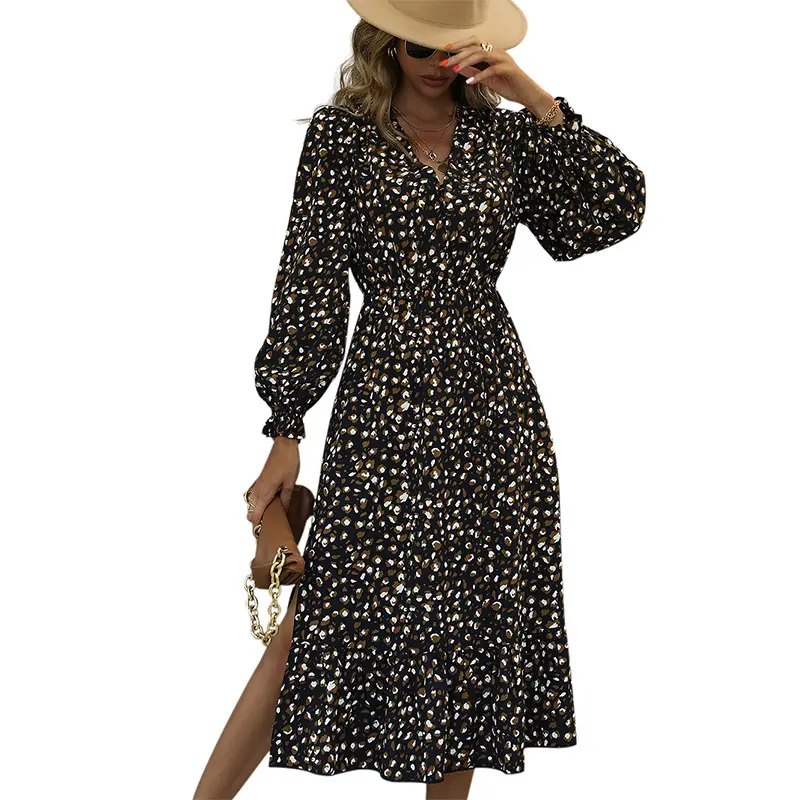 long sleeve V neck Polyester evening street plus size Ladies Causal Dress Fashion Casual Custom smock vintage boho dress