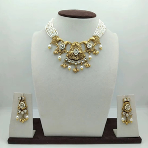 Traditional 925 <b>Silver</b> Pearl <b>Choker</b> Necklace Set with Kundan Work and Matching Earrings Antique Finish Bridal Ethnic Jewelry - Product Image 1